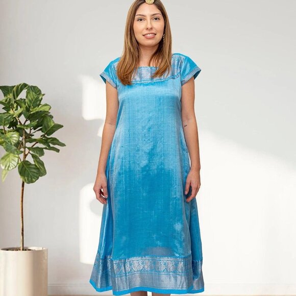 Light Blue Silk Knee-Length Dress for Summer | Muvvas Boutique - Picture 2 of 3